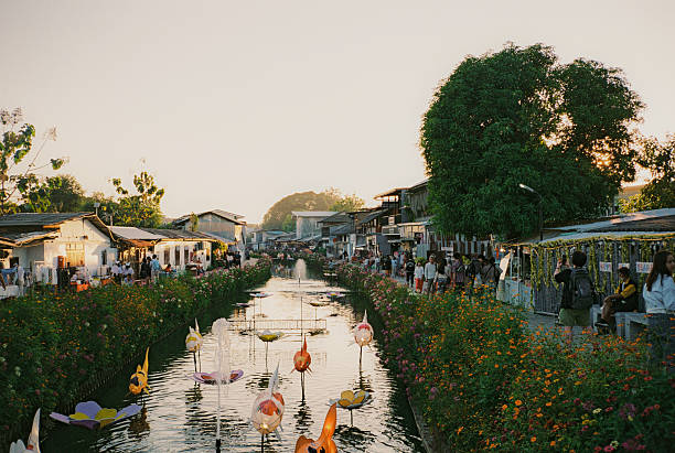 Khlong Mae Kha Canal Village in Chiang Mai in warm sunset glow. Shot on camera film