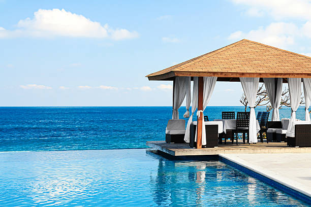 istock Beach with a infinite pool and a pavilion. The pavilion is covered with white curtains. The water is calm and the sky is clear 2218507684