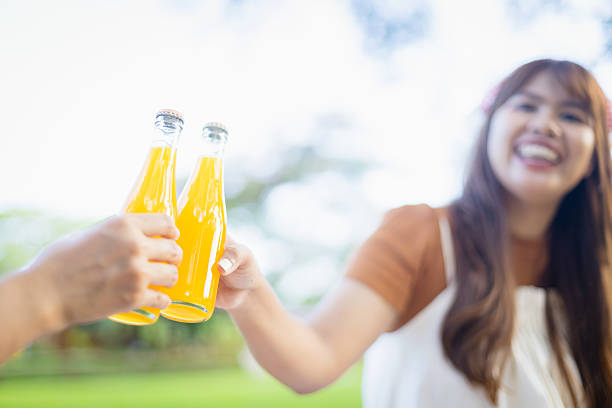 A picnic concept with family and people enjoying leisure time outdoors while toasting with bottles of orange drink in joyful and relaxed atmosphere