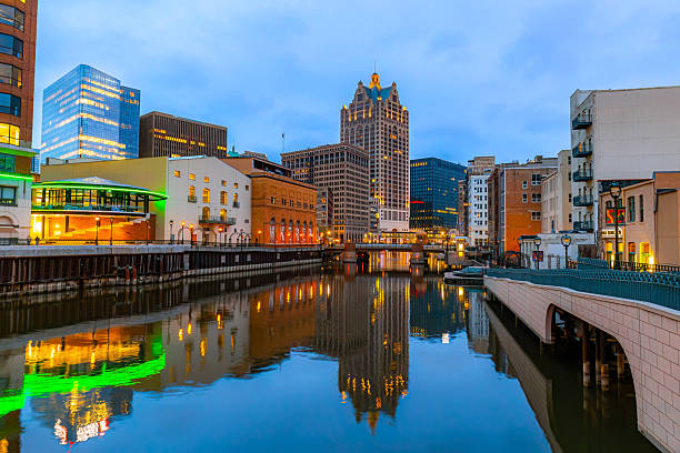 Milwaukee Downtown Illuminated at Night Reflecting in Milwaukee River