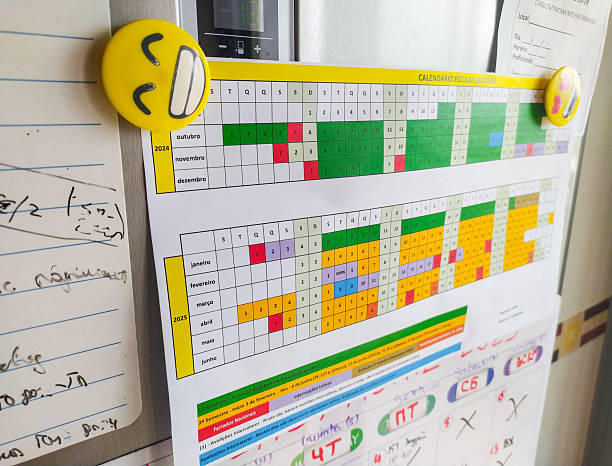 Calendar on a refrigerator, adorned with magnets and notes. Depicts organization, scheduling, and reminders. Evokes themes of family, home management, and deadlines.