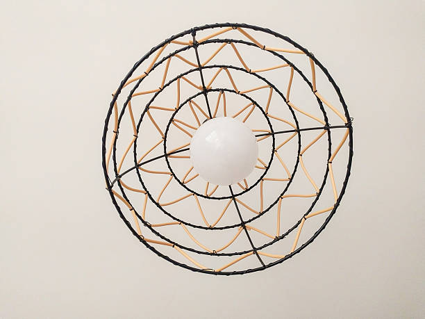 Abstract ceiling light fixture with woven geometric design. Modern aesthetic with a natural element. Great for interior design, home decor, or architecture concepts.