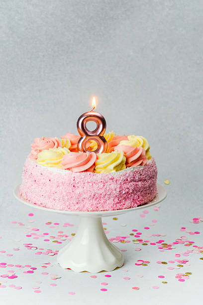 istock Celebrate a child's eighth birthday with a decorative pink cake and candle 2218510584