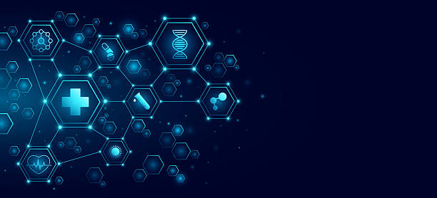istock Healthcare icons inside pattern of glowing connected hexagons for medical research presentation background. Scientific innovation health care plan concept. Vector 2218513777