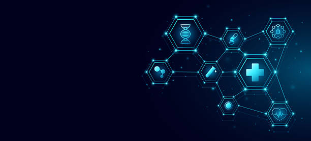 istock Medical icons inside pattern of glowing connected hexagons for scientific research presentation background. Innovation health care plan concept. Vector 2218513780