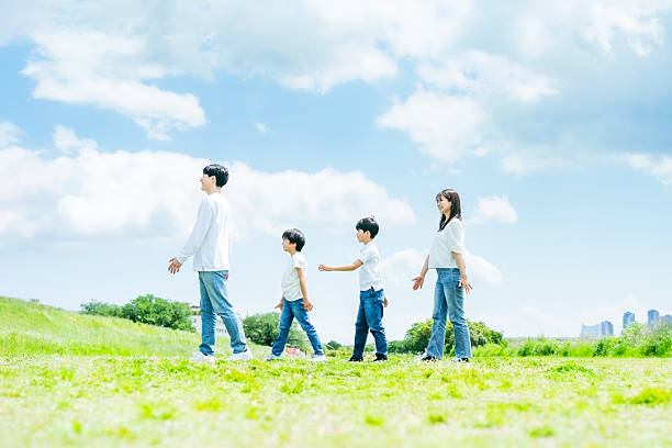 A family walking on a meadow against the blue sky