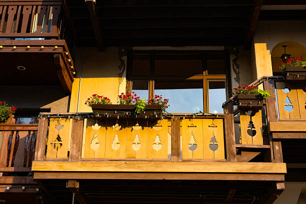 Leavenworth, Washington, USA - July 22, 2024: Bavarian building with balcony in old town. Bavarian village. Bavarian village of Leavenworth, Washington with themed street.