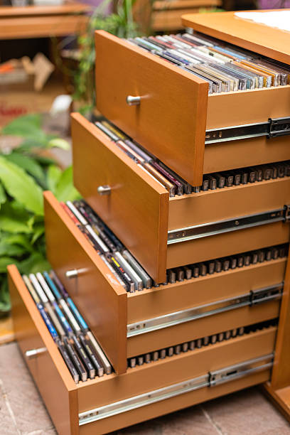 istock Rack of CDs, home collection in custom made cabinet 2218518600