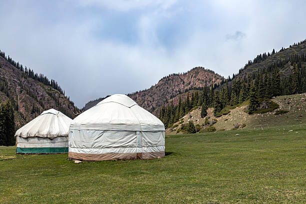 istock Two yurts in a mountain gorge. Nomad housing 2218525046