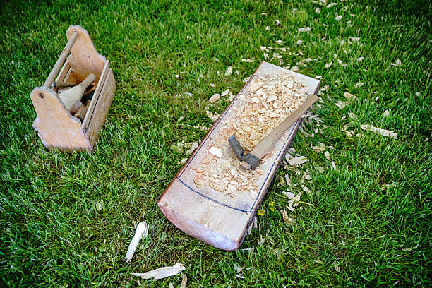Set of carpentry tools next to the workpiece. Manual labor: woodworking and craftsmanship.