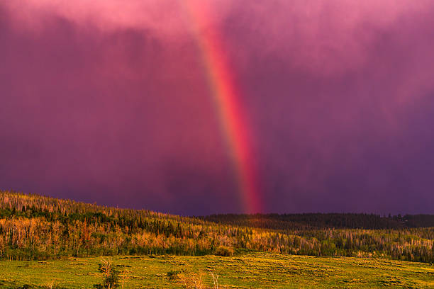 A rainbow in the cloudy sky over the fields, Nowiny, eastern Poland