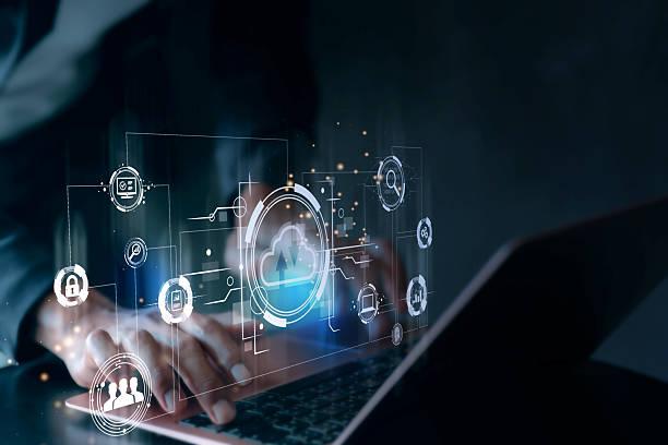istock Data transfer technology concept with virtual cloud service icons and hands on laptop keyboard. Double exposure 2218536305
