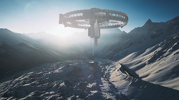 istock This photo features a high-tech alien craft hovering at sunrise over a snowy alien-like landscape. 2218536428