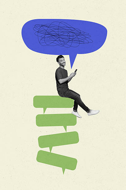 istock Vertical composite collage picture image of mini guy use phone pile stack dialogue bubble isolated on creative background 2218541296
