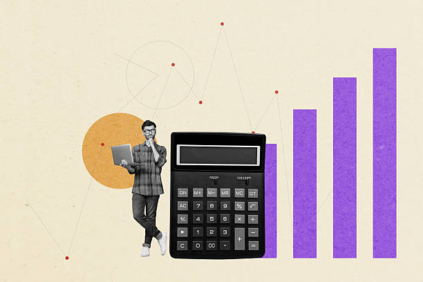 istock Sketch image composite artwork photo collage of stats graphics analyzing result project workspace young man hold laptop huge calculator 2218541311