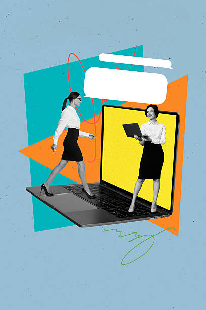 istock Composite trend sketch photo collage of speech bubble textbox mind cloud message two lady stand huge laptop colleagues walk work talk 2218541433