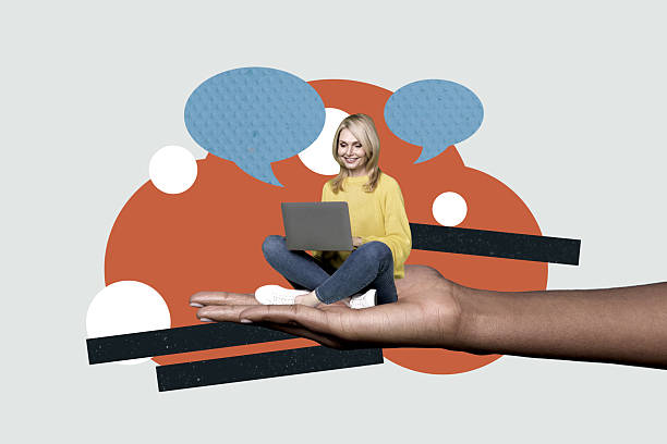 istock Collage 3d pop sketch image of arms holding small lady chatting instagram twitter telegram facebook isolated painting background 2218541496