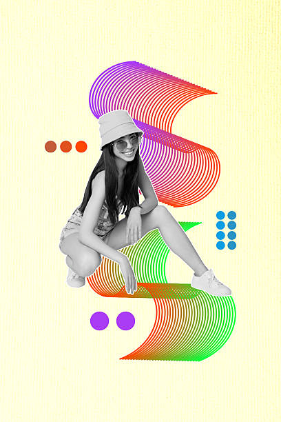 istock Composite trend artwork image photo collage of beige color backdrop neon line wave young woman model posing wear sunglasses hat sit 2218541519