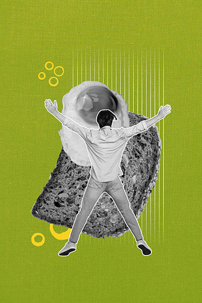 istock Composite sketch image artwork collage of green color backdrop silhouette young man stand back spread hands huge food bread egg cook toast 2218541829