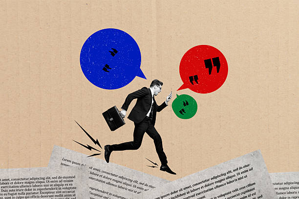 istock Creative collage image running businessman entrepreneur smartphone app communication messenger textboxes reply answers cite quote 2218541877