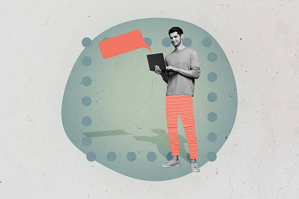 istock Composite trend artwork sketch photo collage of chatting cloud sms speech message silhouette young man stand hold laptop type write work 2218541993