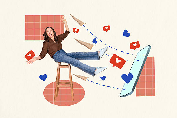 istock Creative image collage cheerful woman smartphone screen display device notification blogger icons buttons touchscreen display 2218542129