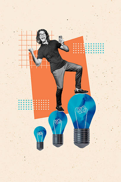 istock Composite trend artwork sketch image photo collage of workspace young guy business win success walk step idea lamp bulb inspiration 2218542328