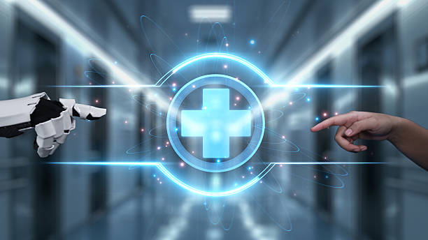 istock Robot and human reach hand and point finger with cross icon float. Salubrious. 2218543581