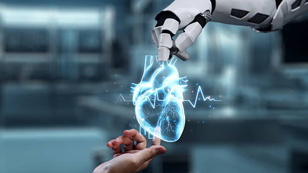 istock Robot and human reach hand and point finger with heart icon float. Salubrious. 2218543884