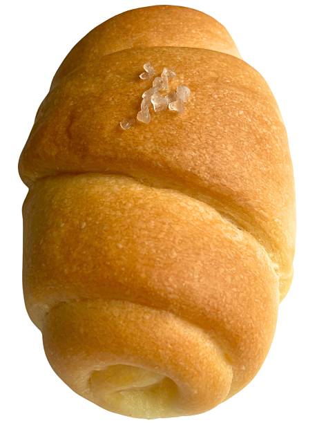 Salted baked bread on white background.