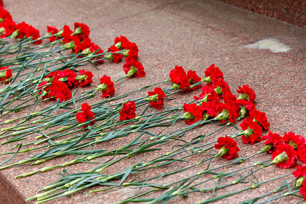 Red carnations resting on a gray granite stone