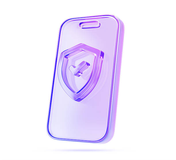 3d glass holographic mobile phone and security shield with check mark render. Purple gradient icon of safety technology, antivirus app, information data protection for smartphone. 3D illustration