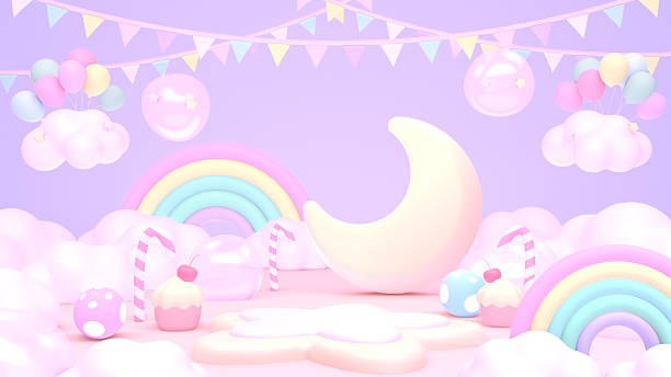 istock cartoon moon in rainbow candy land 2218557433