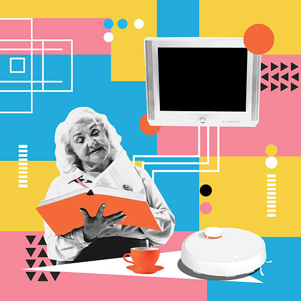 istock Conceptual art collage. Invisible help shows elderly woman reading near TV while robot vacuum cleans in colorful backdrop. Retro pixel art 2218566263
