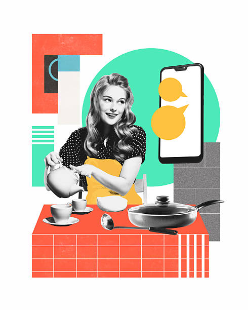 istock Conceptual pixel art collage. Smart kitchen voice command shows woman pouring tea while talking to phone at cozy table with pan and cups 2218566270