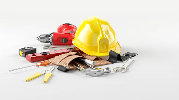 istock Collection of construction tools and safety equipment on a white background 2218566589