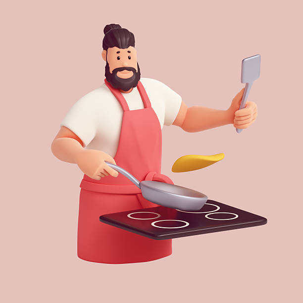 3d render portrait of young casual funny cute handsome bearded man in red apron cooks on an induction stove, holding stainless pan with one hand, throwing hot pancake into air on pastel background.