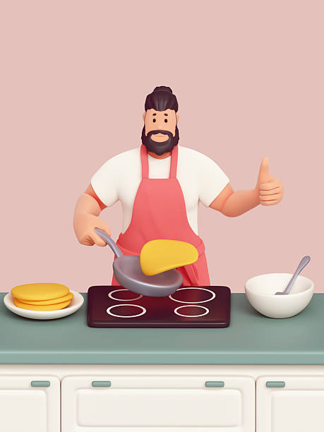 3d render portrait of young casual funny cute handsome smiling bearded man in t-shirt, red apron showing thumb up happily cooking pancakes for family in kitchen at home in morning on pastel background