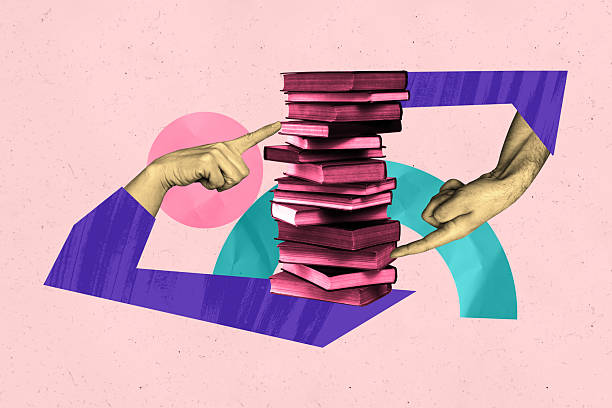 istock Composite photo collage of hands point book stack want buy choose literature bookstore reader hobby student isolated on painted background 2218569435