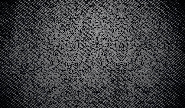 Vector dark damask pattern with vintage grunge texture and halftone graphic hatching shading Dark ornamental gothic, baroque, and antique-style background. gothic style stock illustrations