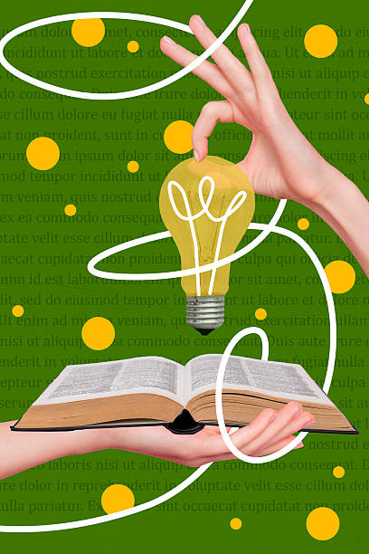 istock Creative abstract template graphics collage image of arms holding book rising lamp bulb isolated colorful background 2218571579