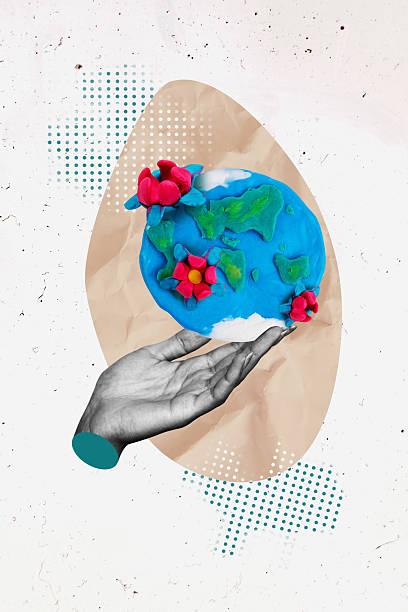 istock Vertical composite artwork collage image picture of arm hold flourish mini world globe isolated on creative background 2218571685