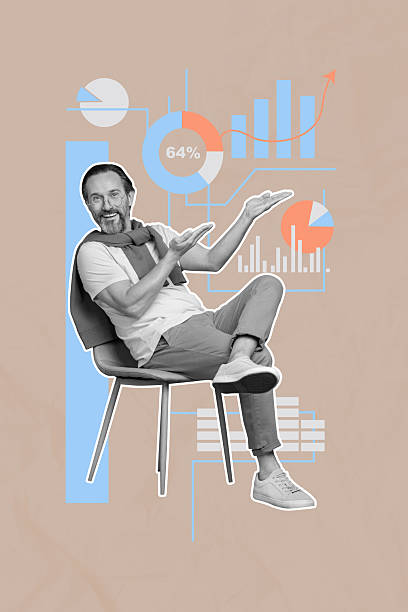 istock Trend artwork composite sketch image 3D photo collage of beige color backdrop silhouette aged man sit chair diagram stats graphics trader 2218572000