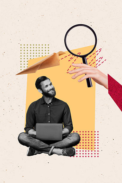 istock Composite trend artwork 3D sketch image collage of copyspace monochrome young man sit down type laptop hand hold banner loupe research job 2218572976