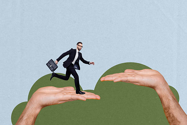 istock Composite trend artwork sketch photo collage of workspace young guy businessman work hand hold suitcase run hand platform help support 2218573661
