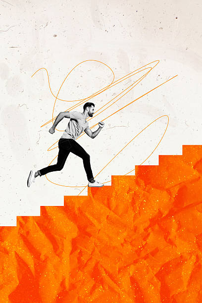 istock Vertical composite artwork collage image picture of black white colors guy run stairs upwards isolated on creative background 2218573721