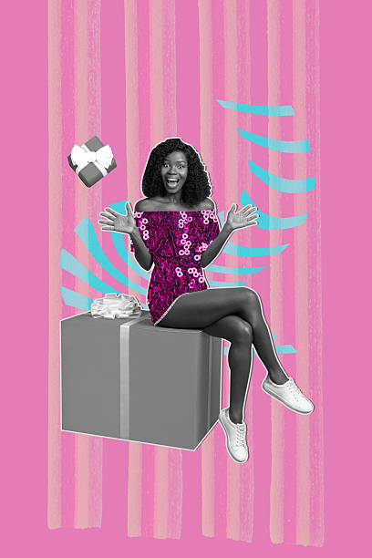 istock Vertical composite collage image picture of black white effect girl sit giftbox isolated on creative background 2218584828