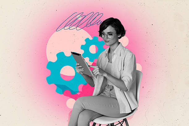 istock 3D photo collage composite trend artwork sketch image of workspace cogwheel virtual space young woman hold epad type sit chair 2218586468