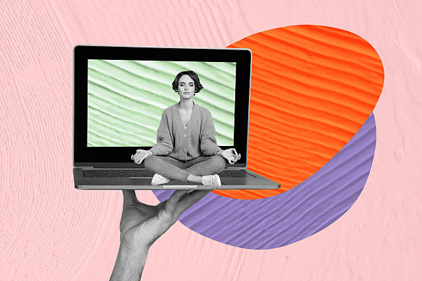 istock Trend artwork image composite photo collage of workspace hand hold computer laptop display office workplace keyboard woman sit meditate 2218586538