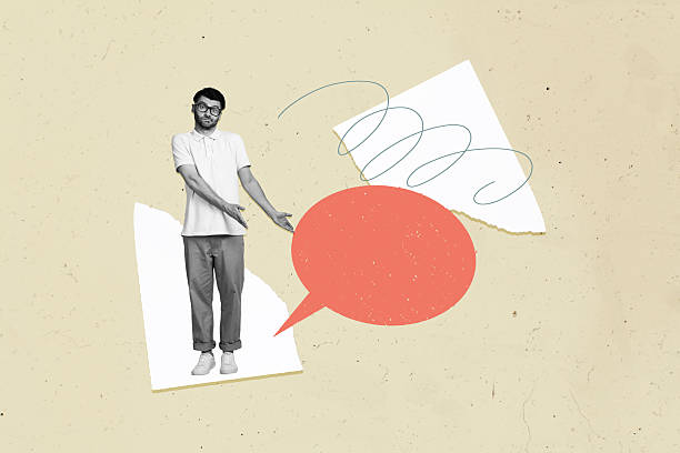 istock Composite trend artwork sketch collage of chatting cloud sms speech message silhouette young man confused show gesture hand direction 2218590676